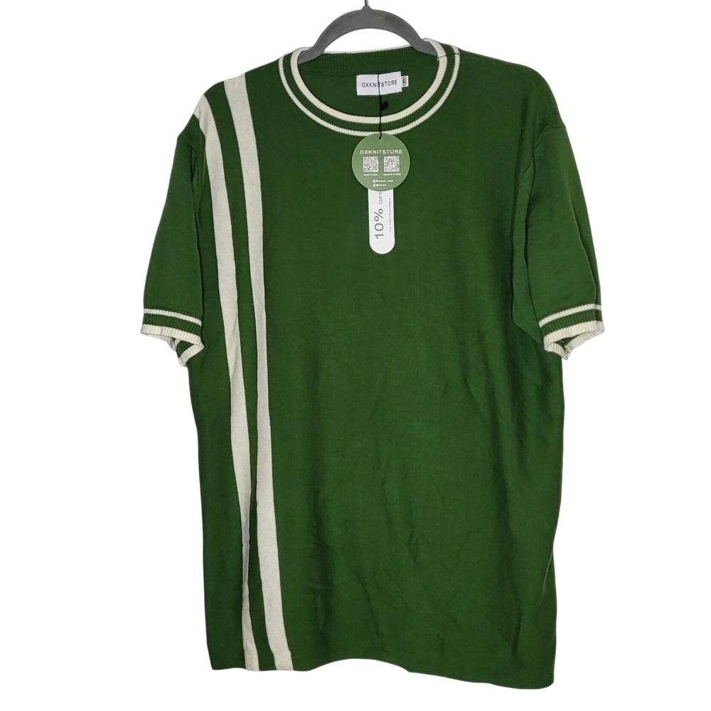 OXKNITSTORE Mens Green White Stripe 100% Cotton Short Sleeve Knit Sweater XL NWT